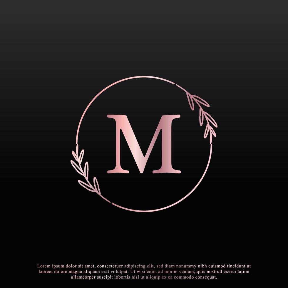 elegant m brief cirkel bloemen logo met creatieve elegante blad monogram aftakkingslijn en roze zwarte kleur. bruikbaar voor bedrijfs-, mode-, cosmetica-, spa-, wetenschaps-, medische en natuurlogo's. vector