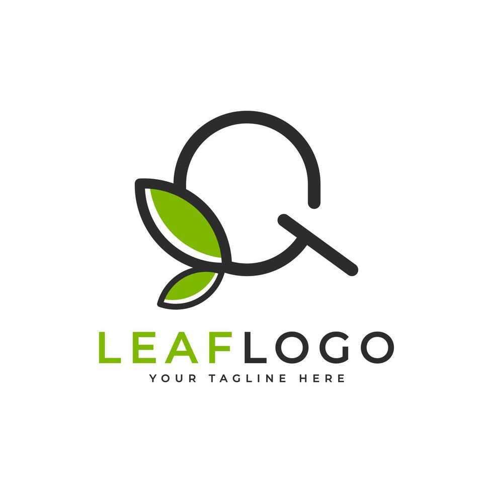 creatief eerste letter q-logo. zwarte vorm lineaire stijl gekoppeld aan groen blad symbool. bruikbaar voor bedrijfs-, gezondheidszorg-, natuur- en boerderijlogo's. platte vector logo-ontwerpideeën sjabloonelement. eps10