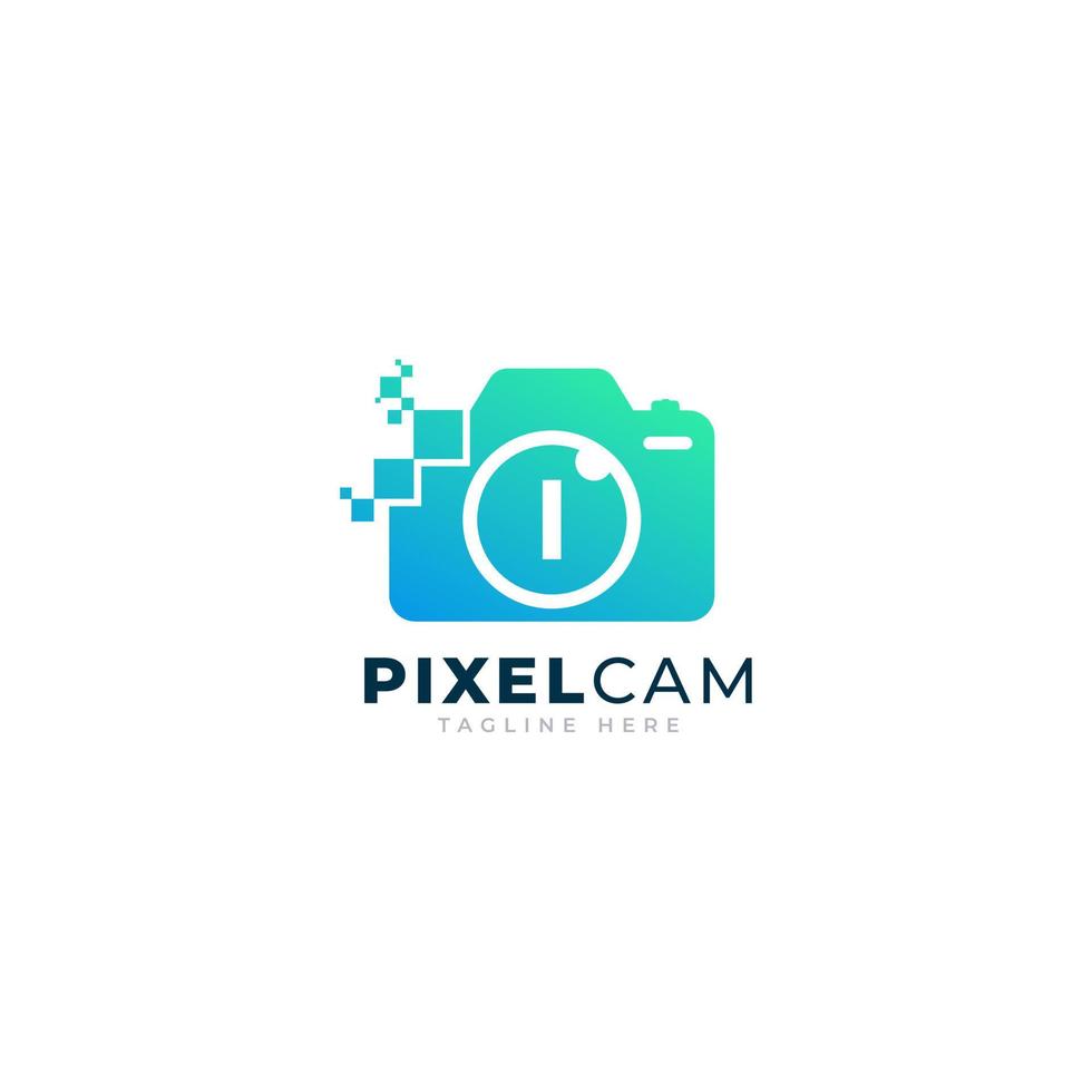 letter i binnen camera foto pixel technologie logo ontwerpsjabloon vector