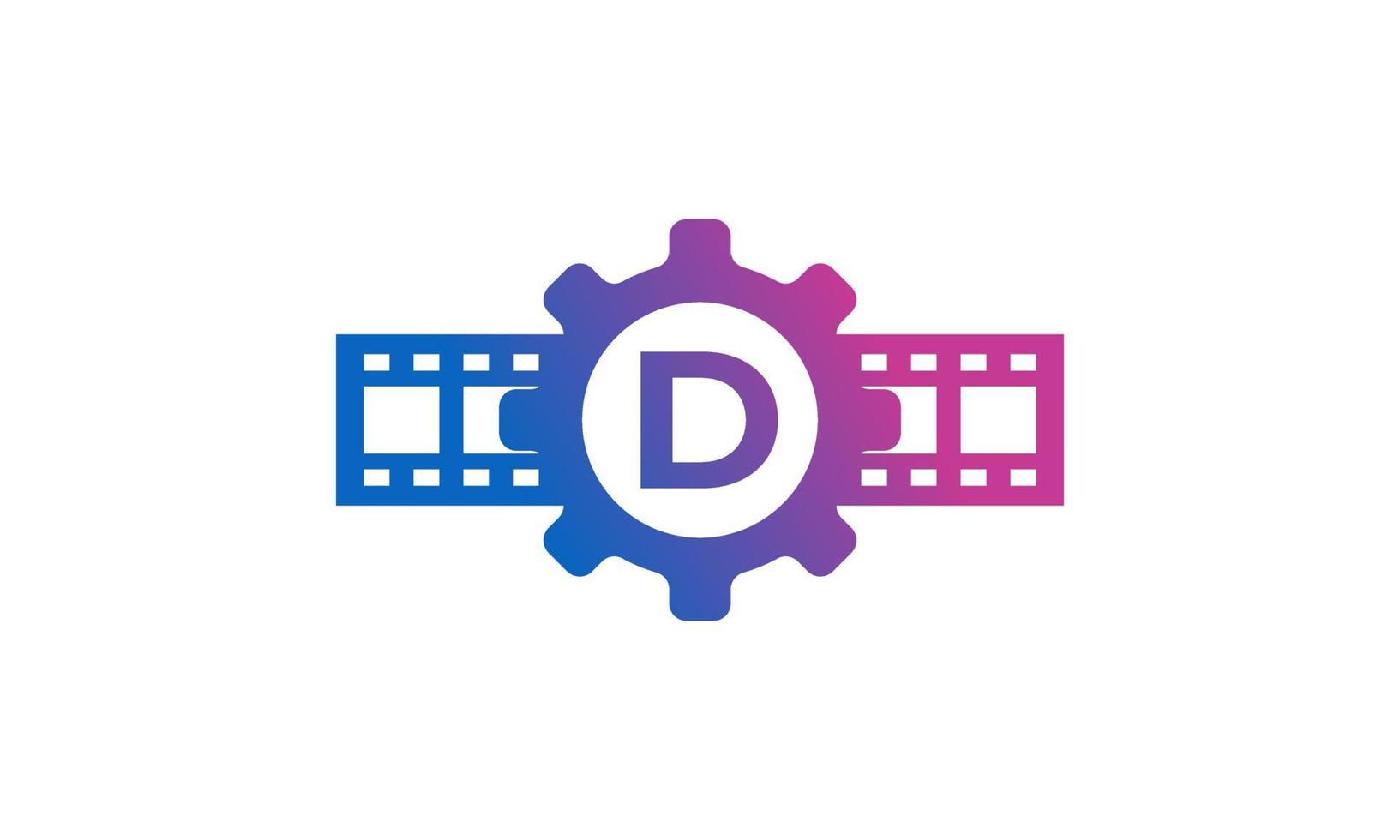 beginletter d tandwiel tandwiel met reel strepen filmstrip voor film film bioscoop productie studio logo inspiratie vector