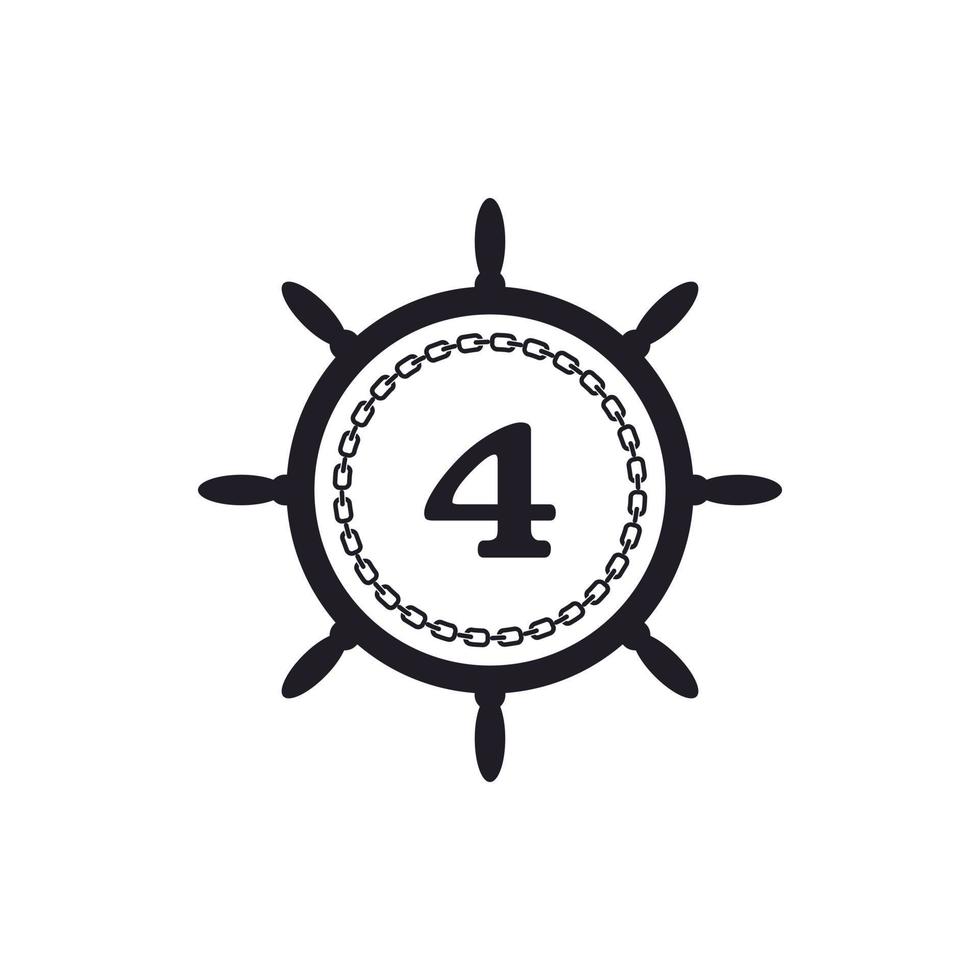 nummer 4 in het stuur van het schip en een cirkelvormig kettingpictogram voor inspiratie voor het nautische logo vector