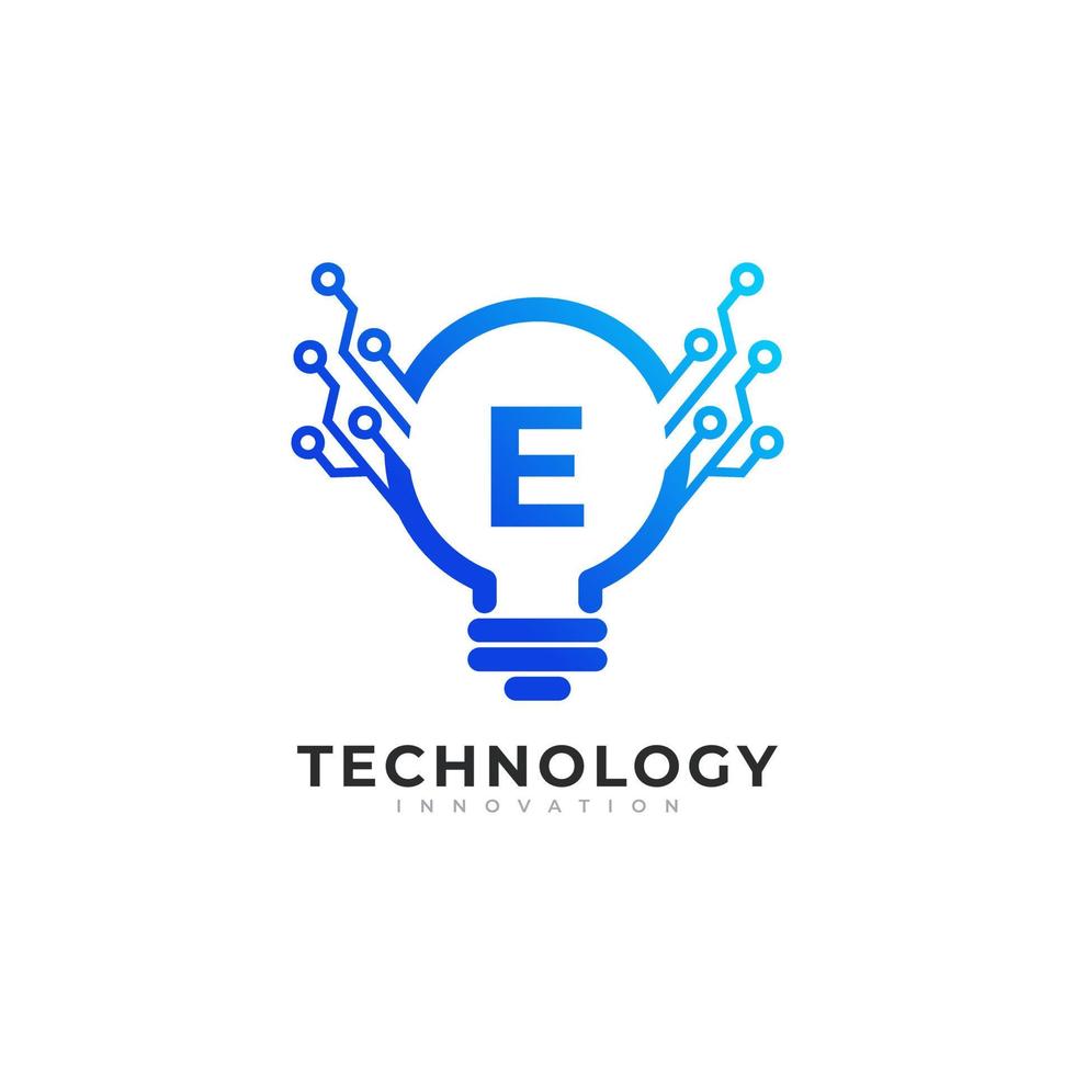 letter e binnen gloeilamp technologie innovatie logo ontwerpsjabloon element vector