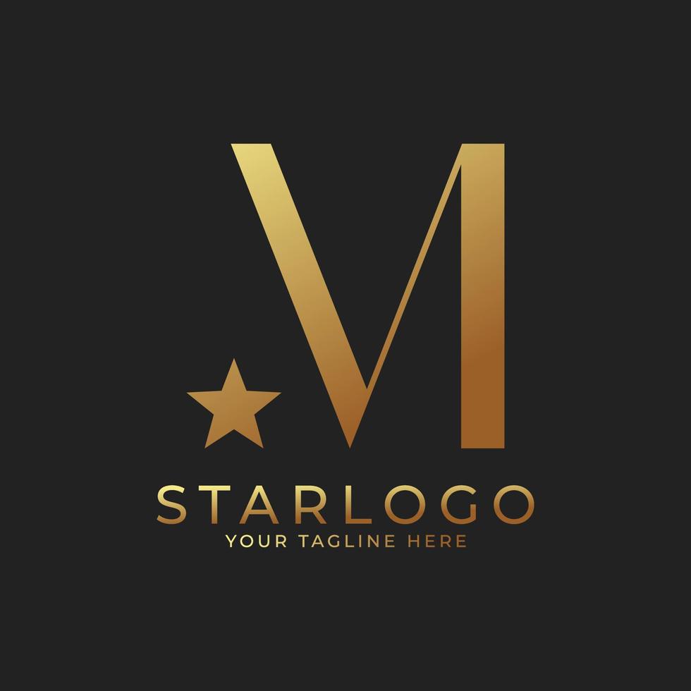 abstracte eerste letter m star-logo. goud een letter met combinatie van sterpictogram. bruikbaar voor bedrijfs- en merklogo's. vector