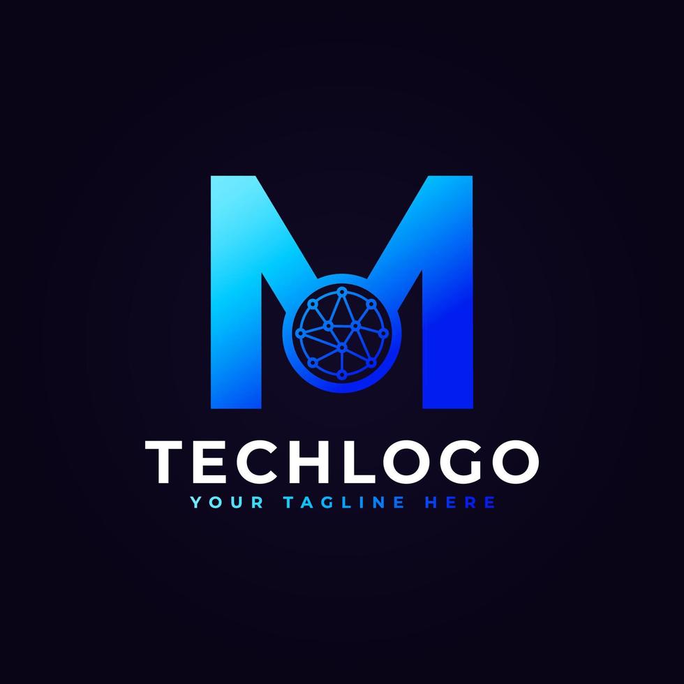 tech letter m-logo. blauwe geometrische vorm met stip cirkel verbonden als netwerk logo vector. bruikbaar voor bedrijfs- en technologielogo's. vector