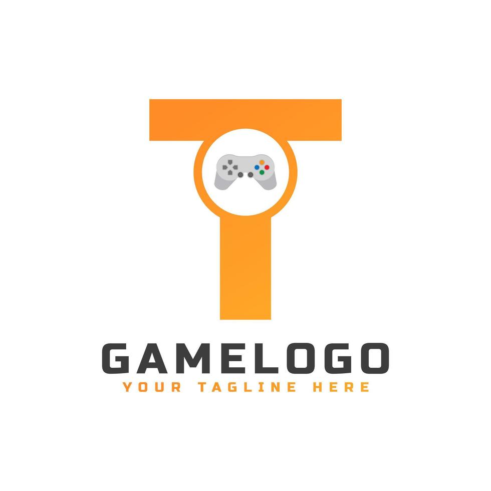 beginletter t met gameconsole-pictogram en pixel voor gaming-logo-concept. bruikbaar voor logo's van bedrijfs-, technologie- en game-opstarttoepassingen. vector