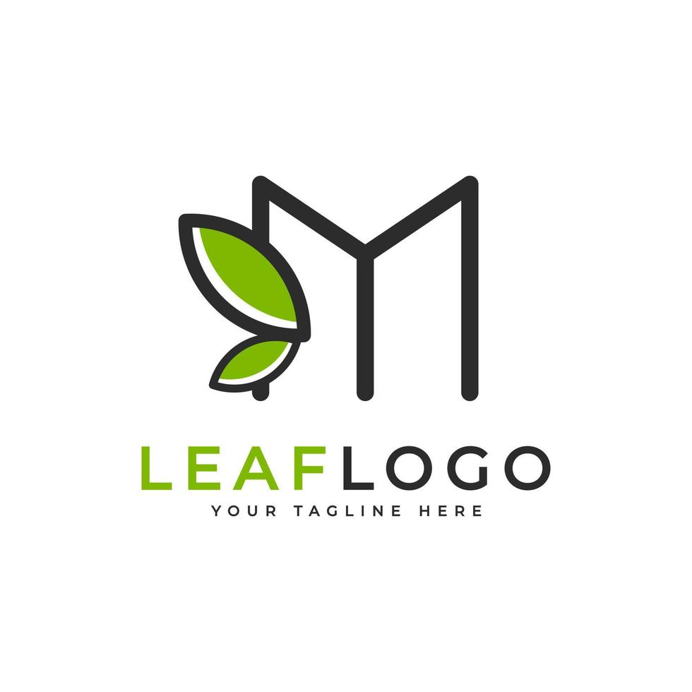 creatief eerste letter m-logo. zwarte vorm lineaire stijl gekoppeld aan groen blad symbool. bruikbaar voor bedrijfs-, gezondheidszorg-, natuur- en boerderijlogo's. platte vector logo-ontwerpideeën sjabloonelement. eps10
