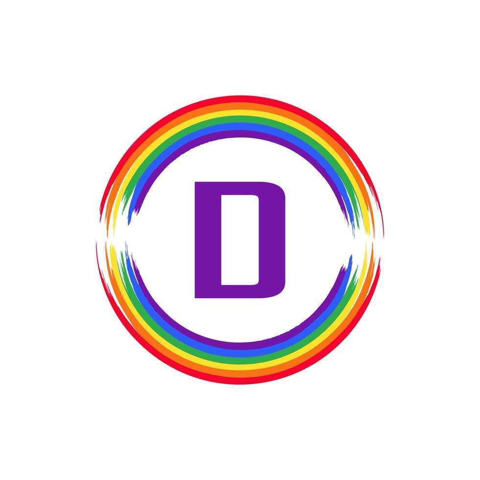 letter d binnen cirkelvormig gekleurd in regenboogkleur vlagborstel logo-ontwerpinspiratie voor lgbt-concept vector