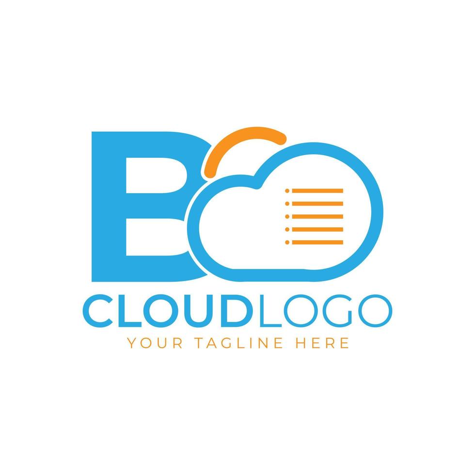 cloud tech-logo. beginletter b met cloud en document voor technologieconcept. data software weer teken vector