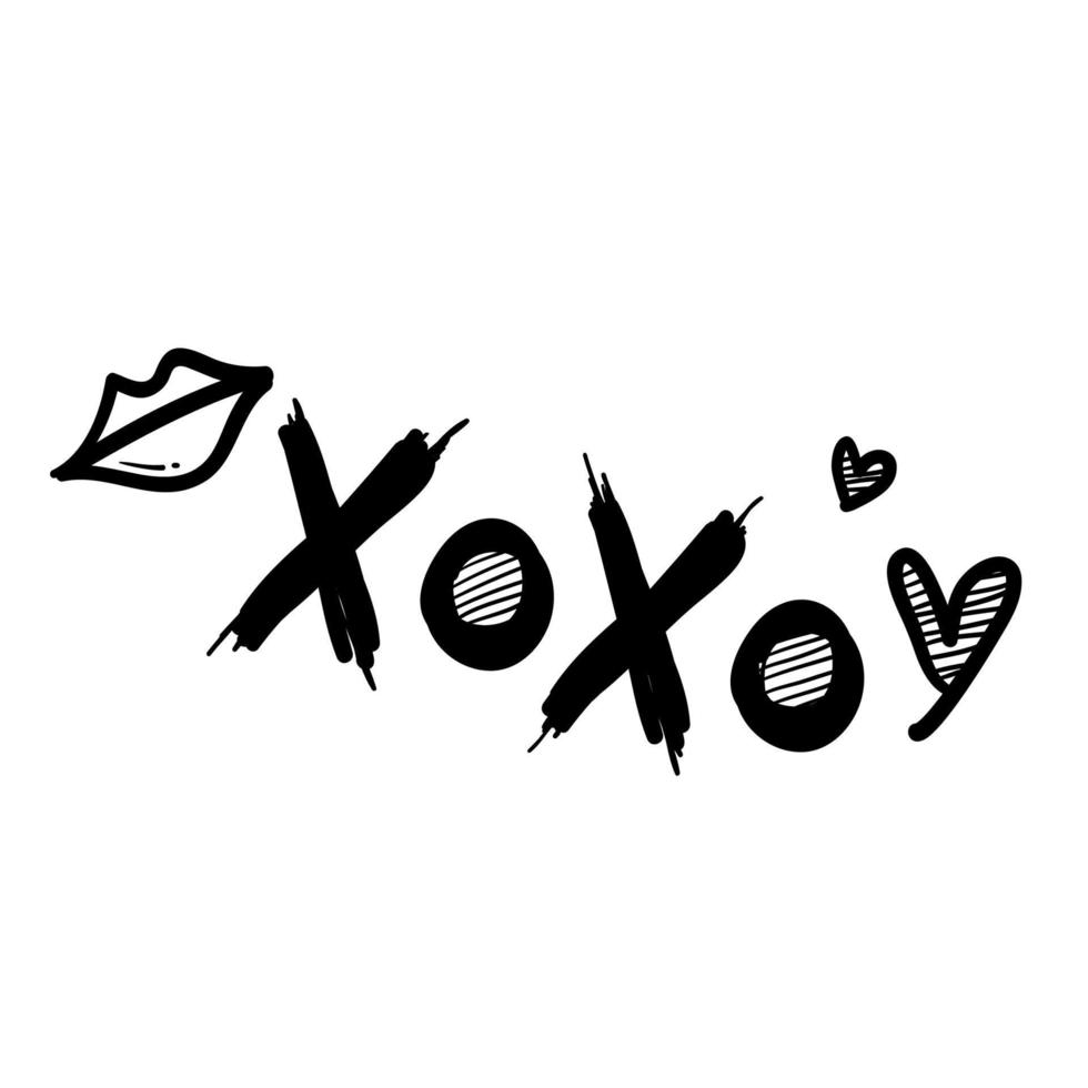 handgeschreven grunge brush belettering xoxo met liefde en vrouw lippen. doodle stijl geïsoleerde vector