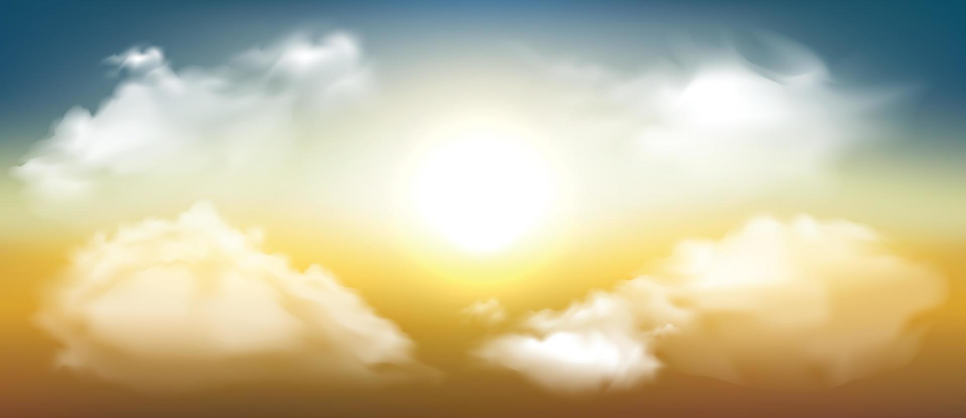 zonnige achtergrond, blauwe lucht met witte wolken en zon vector