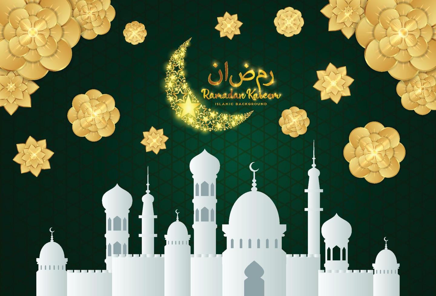 ramadan kareem banner met 3d metallic gouden wassende maan, papier gesneden abstracte arabesque bloemen en arabische handgeschreven kalligrafie. vertaling ramadan kareem. vector. vector