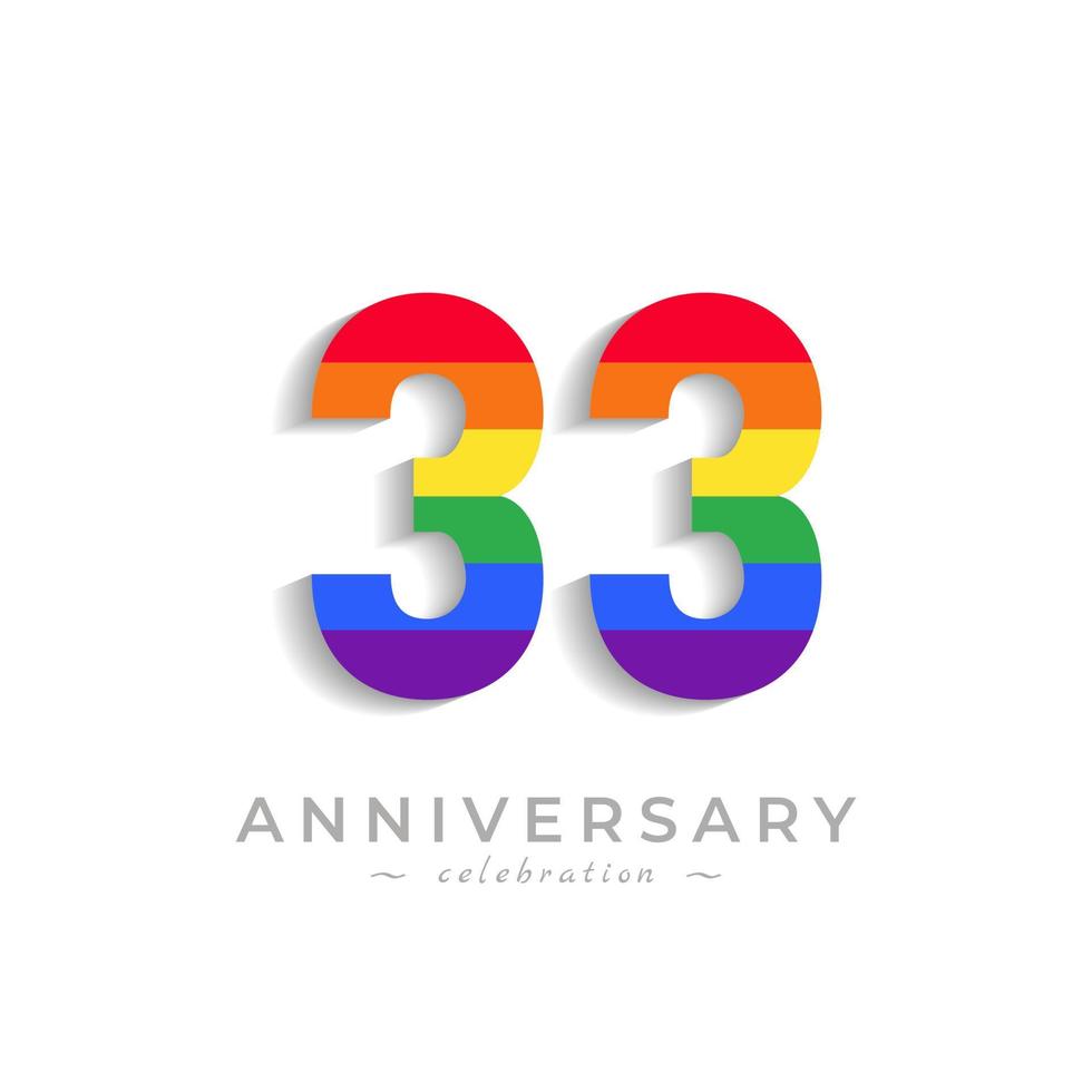 33-jarig jubileumfeest met regenboogkleur voor feestgebeurtenis, bruiloft, wenskaart en uitnodiging geïsoleerd op een witte achtergrond vector