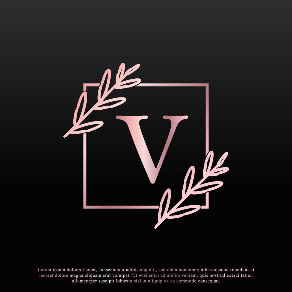 elegant v-letter vierkant bloemenlogo met creatieve elegante bladmonogram-taklijn en roze zwarte kleur. bruikbaar voor bedrijfs-, mode-, cosmetica-, spa-, wetenschaps-, medische en natuurlogo's. vector