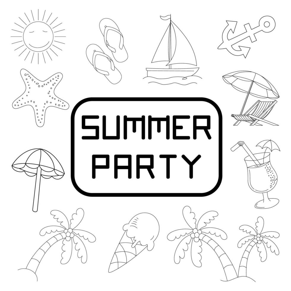 set doodle zomer, paraplu, ijs, zandemmer, ananas, sap, schelpen, zon, wolken, boot en nog veel meer. vector