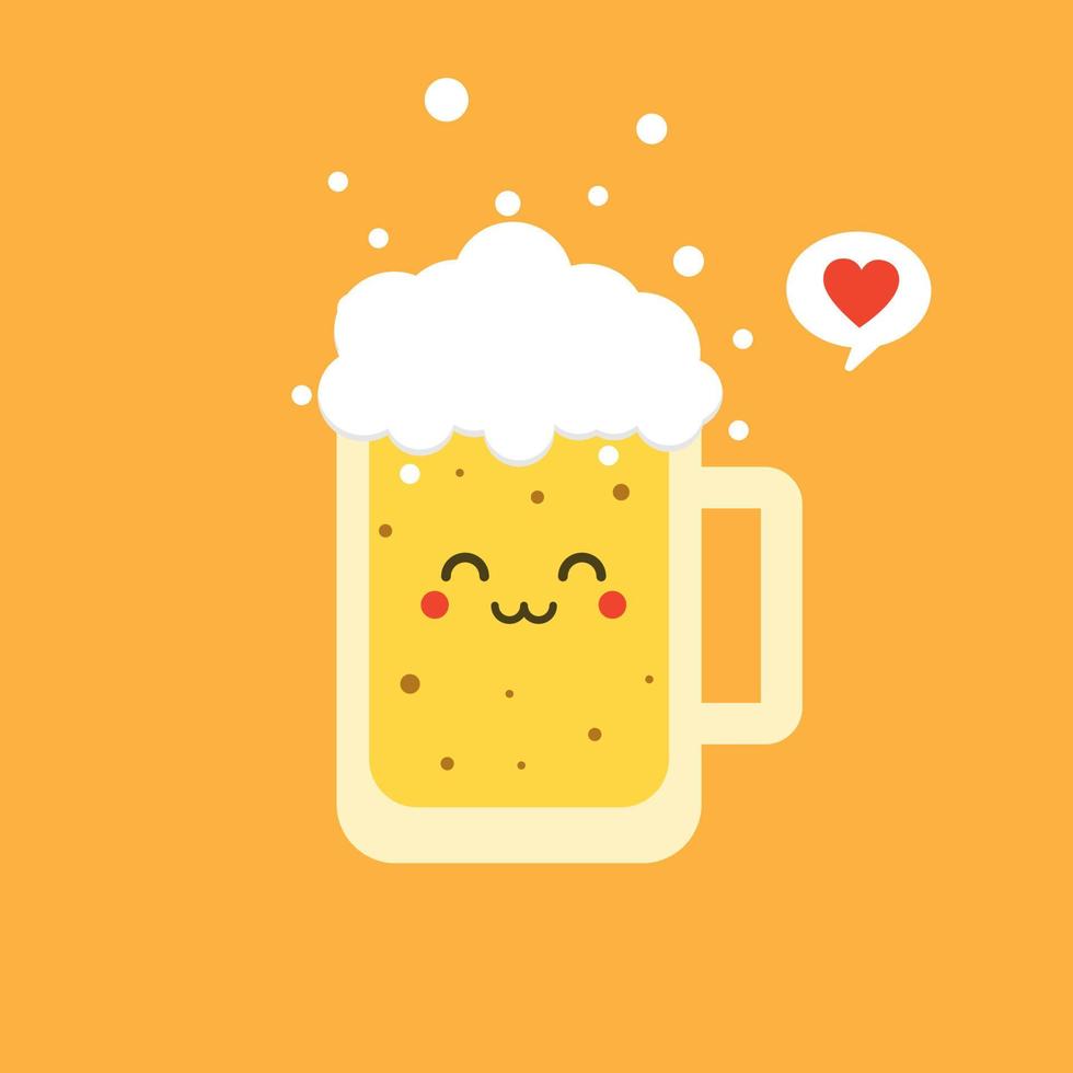 bier platte ontwerp vectorillustratie. vector schattig en kawaii bierglas stripfiguur met schuim geïsoleerd op een achtergrond in kleur. vector bier komische label of poster ontwerpsjabloon.