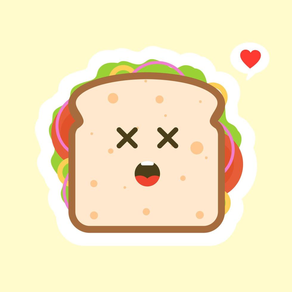 schattig en kawaii van sandwichbroodkarakter met groenten. ontbijt. plak kaassandwich met tomaat, sla en spek, worst platte ontwerpstijl. lekker vegetarisch eten. vector