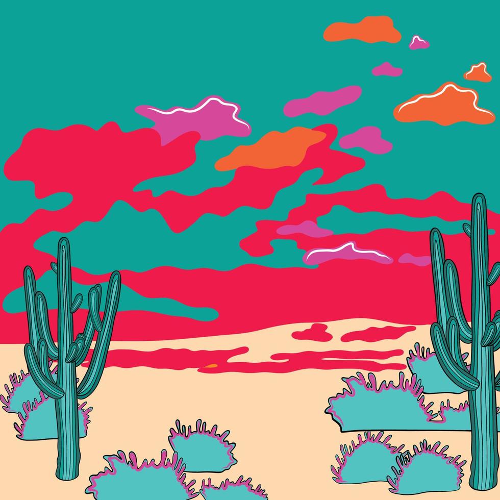 cactussen in de woestijn bij zonsondergang. nationaal park saguaro. vector illustratie