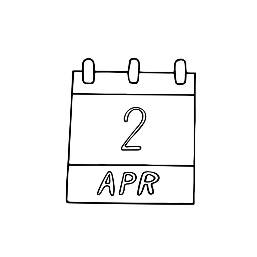 kalender hand getekend in doodle stijl. 2 april internationale kinderboekendag, datum. pictogram, stickerelement voor ontwerp. planning, zaken, vakantie vector