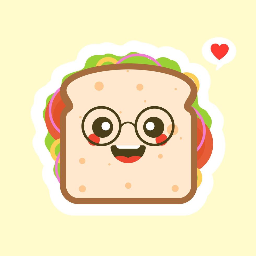 schattig en kawaii van sandwichbroodkarakter met groenten. ontbijt. plak kaassandwich met tomaat, sla en spek, worst platte ontwerpstijl. lekker vegetarisch eten. vector