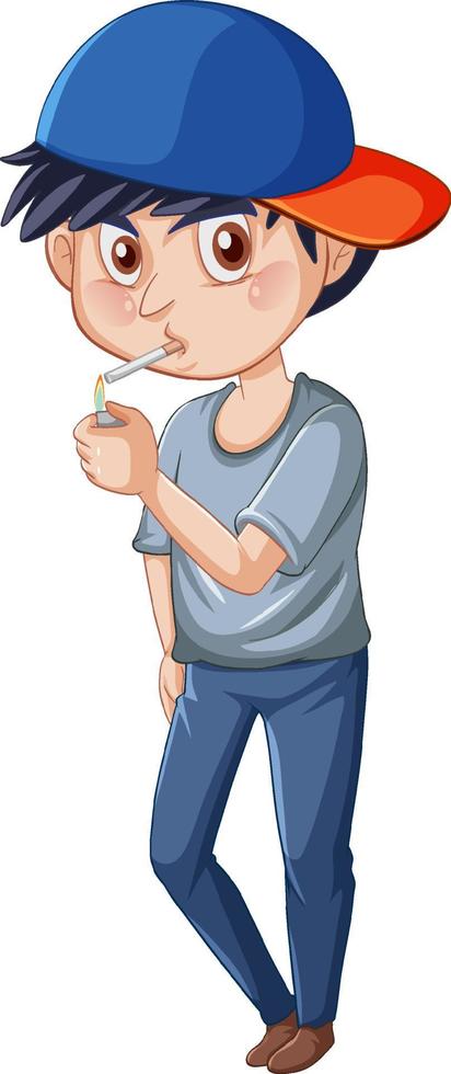 tiener jongen roken sigaret roken stripfiguur op witte achtergrond vector