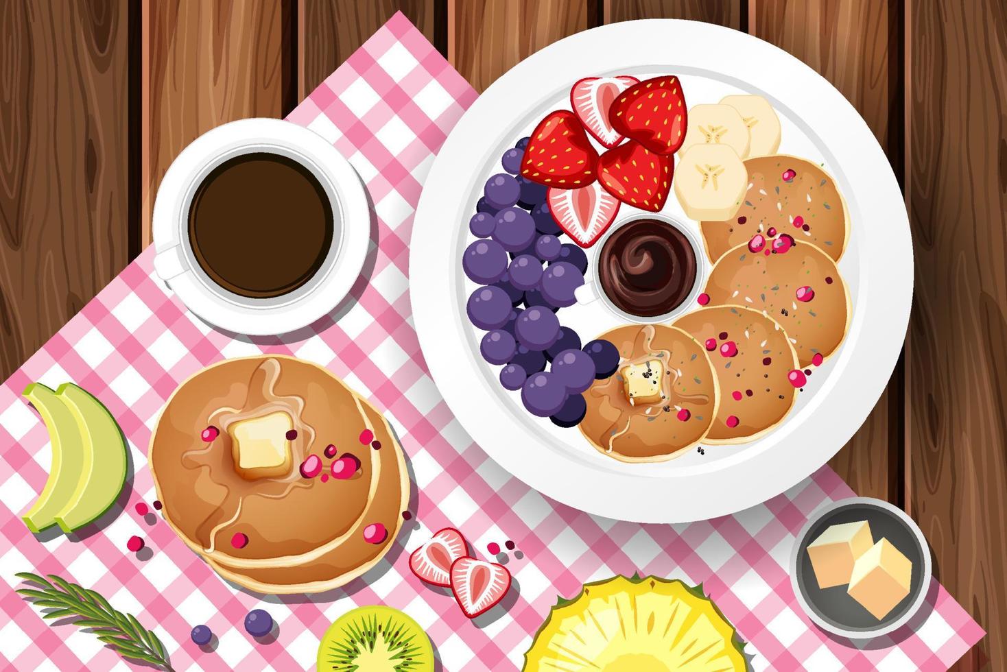 bovenaanzicht eten, pannenkoek met koffie en placemat op houten tafel vector