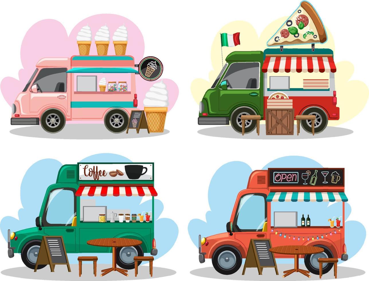 vlooienmarktconcept met set van verschillende foodtrucks vector