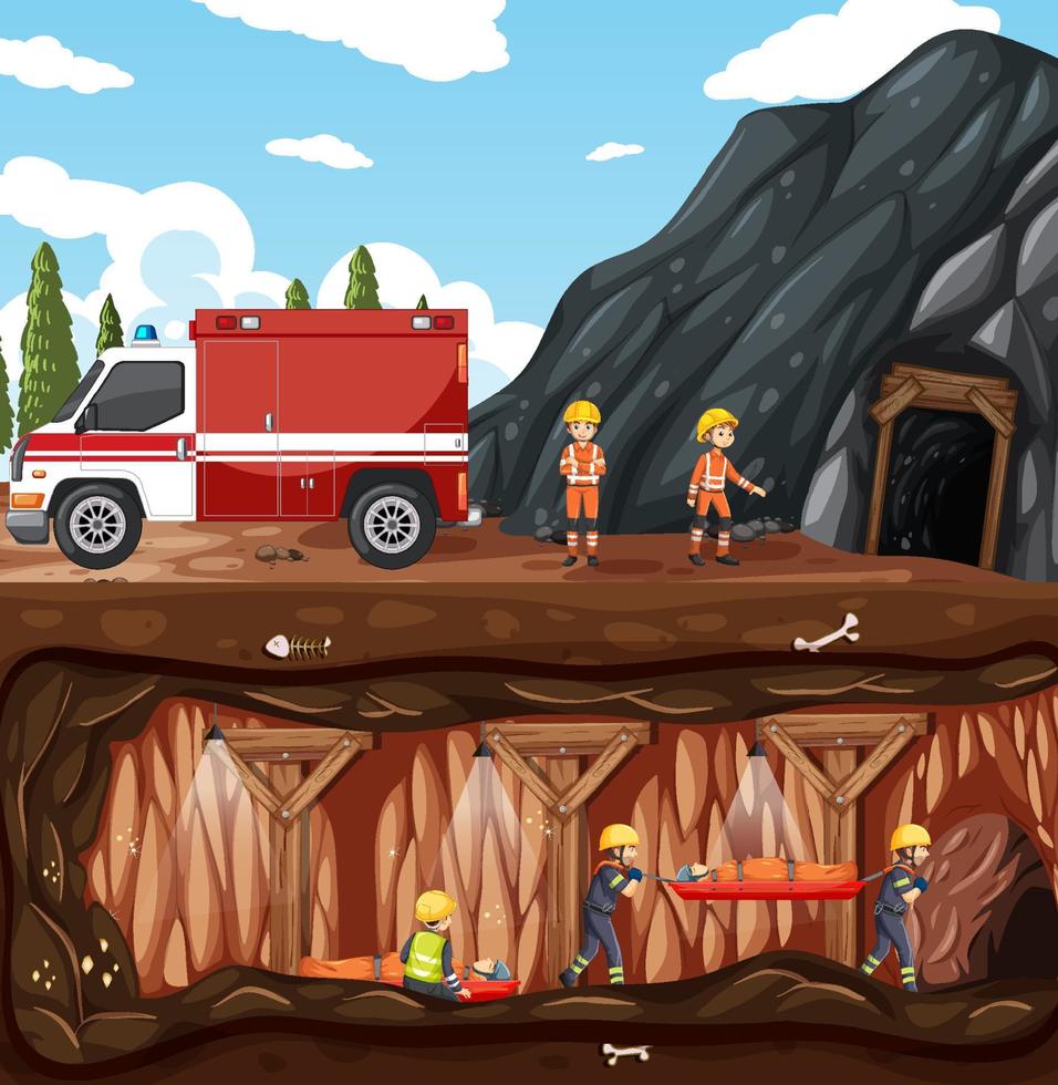 ondergrondse scène met redding van brandweerlieden in cartoonstijl vector