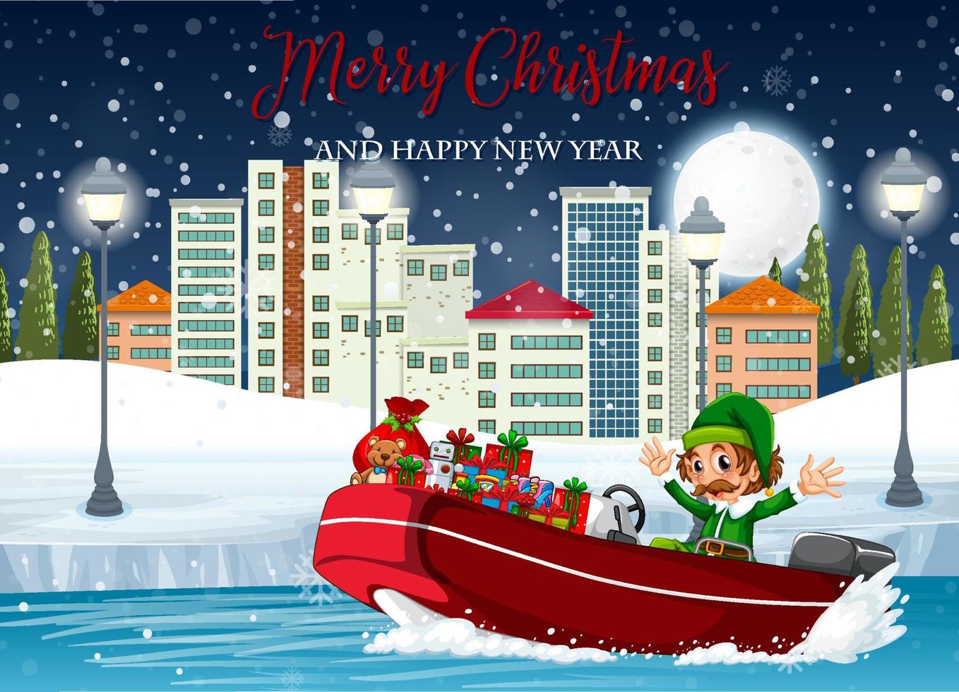 vrolijke kerstposter met schattige elf die cadeaus bezorgt per speedboot vector