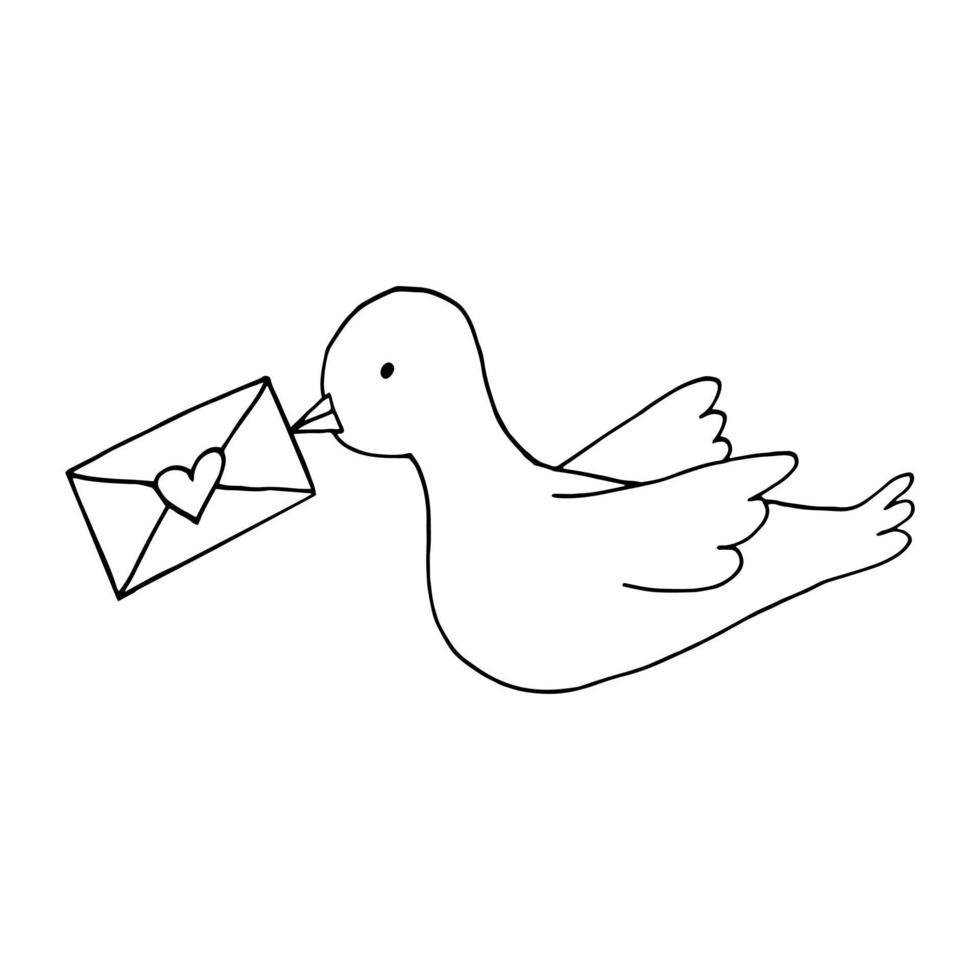 duif met envelop met hart hand getrokken doodle. , scandinavisch, noords, minimalisme. icoon, sticker. brief liefde bericht vogel vector