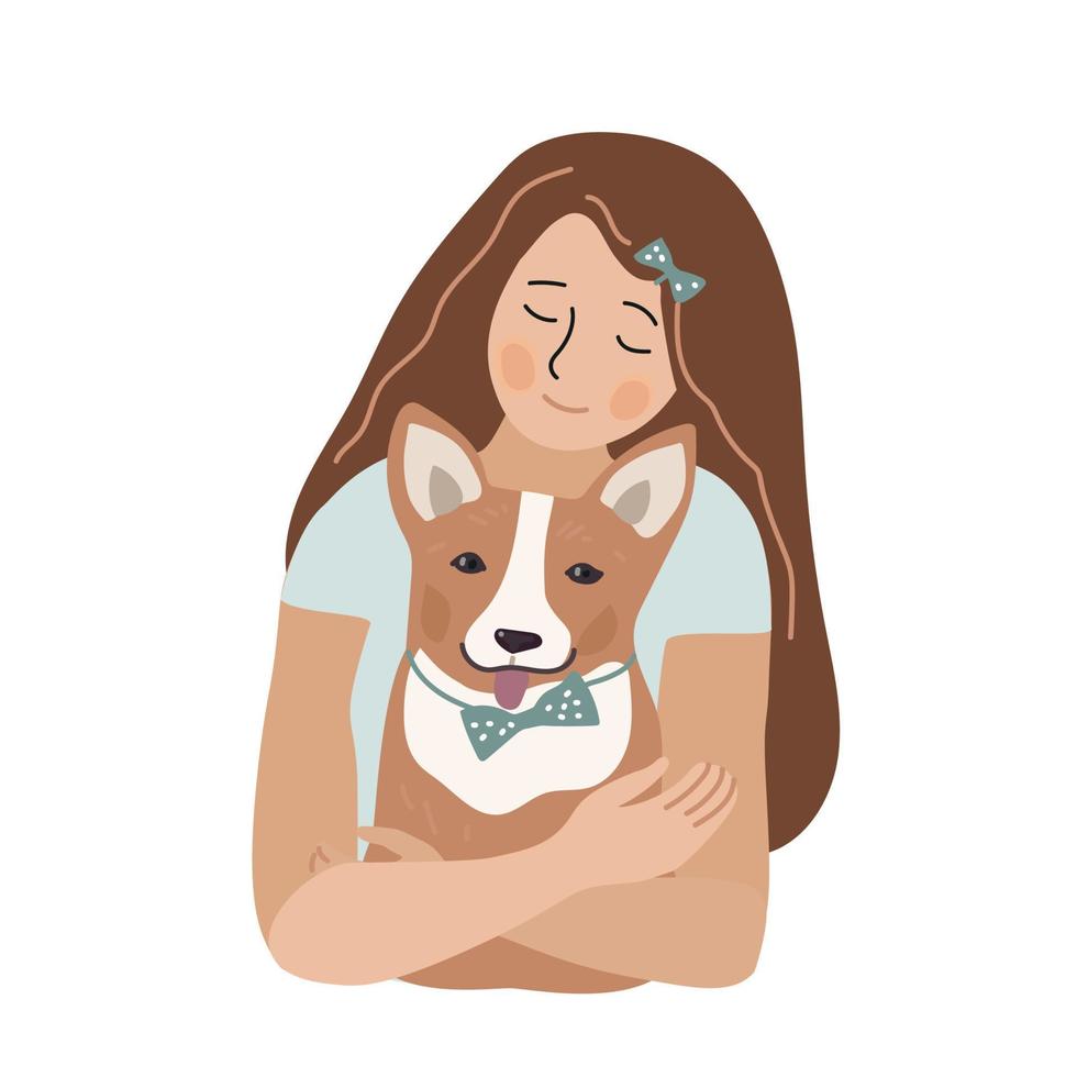 meisje knuffelt corgi puppy. huisdier minnaar kaart. cartoon vectorontwerp. vector