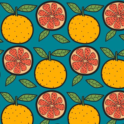 Sinaasappelen Fruitpatroon met blauwe achtergrond. Hand getrokken vectorillustratie. vector