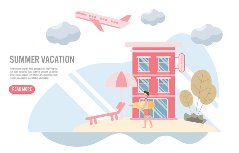 Zomervakantie en reizen concept met karakter. Creatief platte ontwerp voor webbanner vector