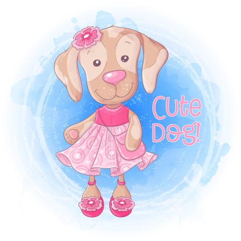 Cartoon schattig meisje doggie met een handtas in een roze jurk. Vector illustratie