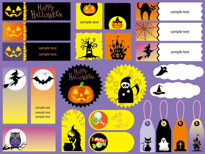 Set van diverse Happy Halloween-kaarten en -tags. vector