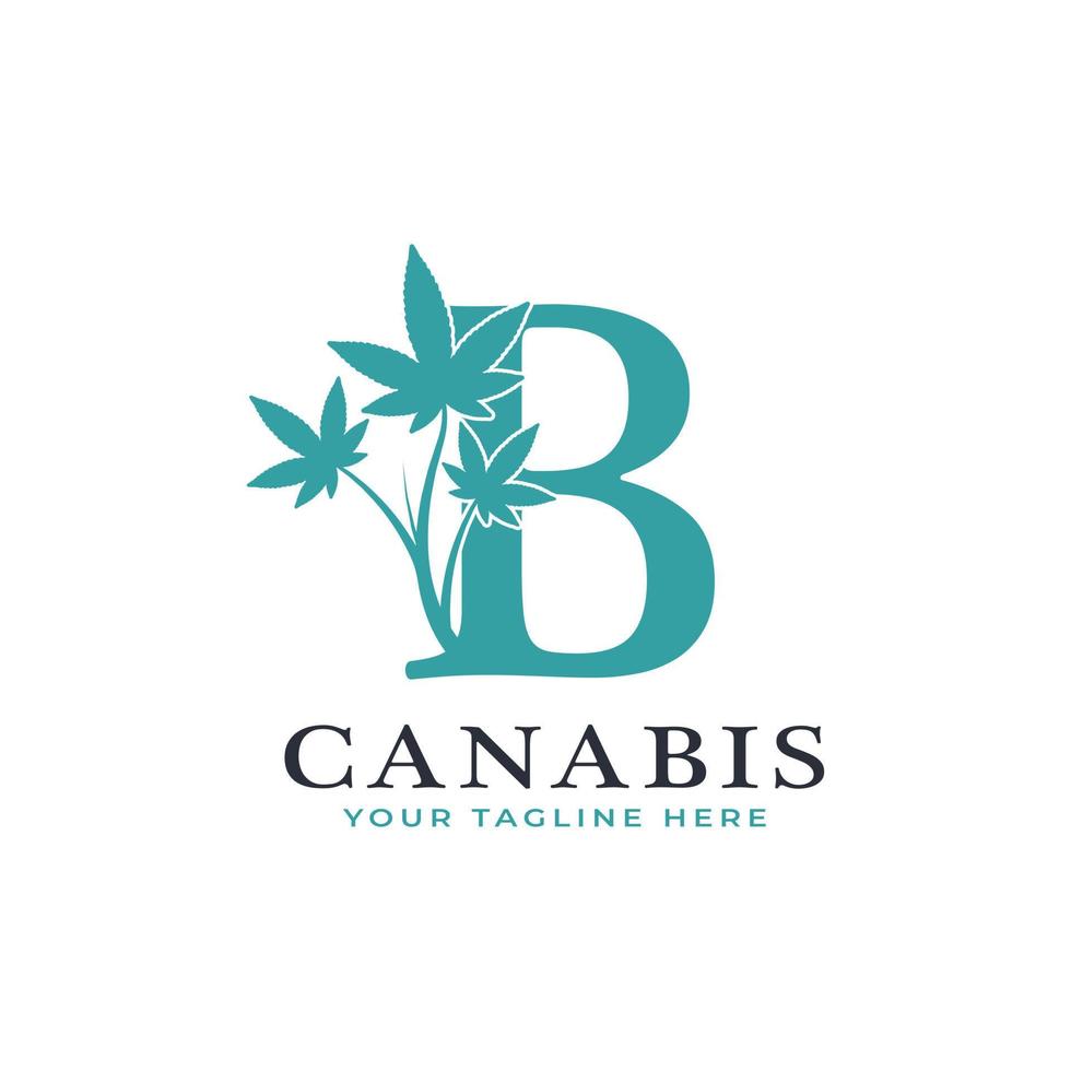 letter b groene canabis logo alfabet met medisch marihuanablad. bruikbaar voor bedrijfs-, wetenschaps-, gezondheidszorg-, medische en natuurlogo's. vector