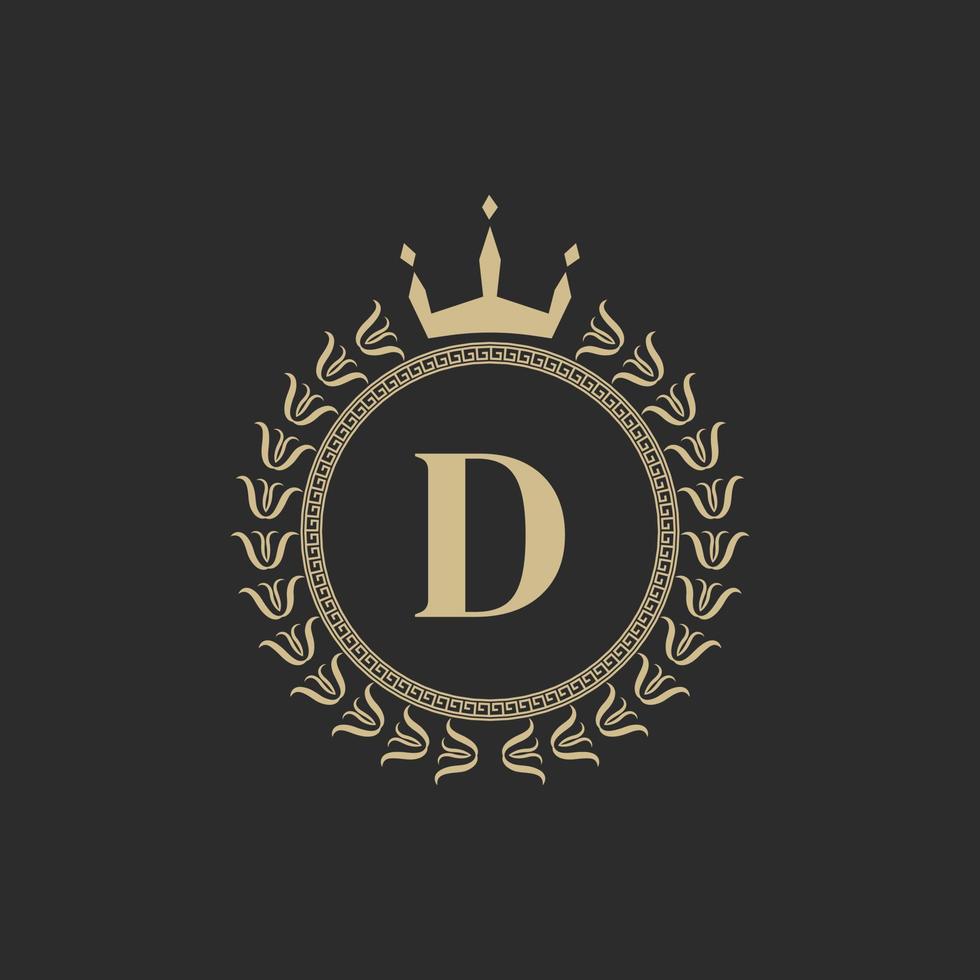 eerste letter d heraldische koninklijke frame met kroon en lauwerkrans. eenvoudig klassiek embleem. ronde compositie. grafische stijl. kunstelementen voor logo-ontwerp vectorillustratie vector