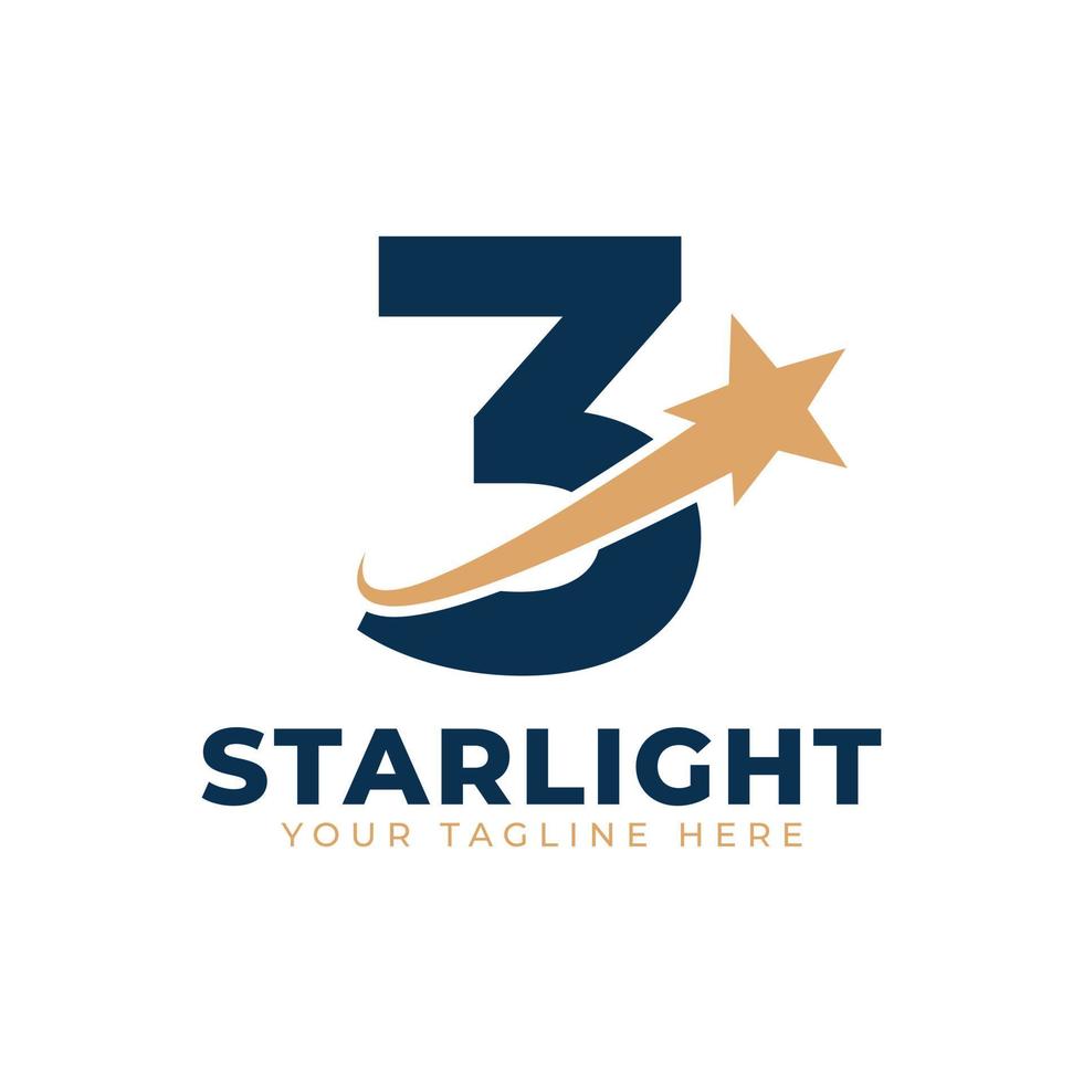 nummer 3 met ster swoosh logo-ontwerp. geschikt voor opstarten, logistiek, bedrijfslogosjabloon vector