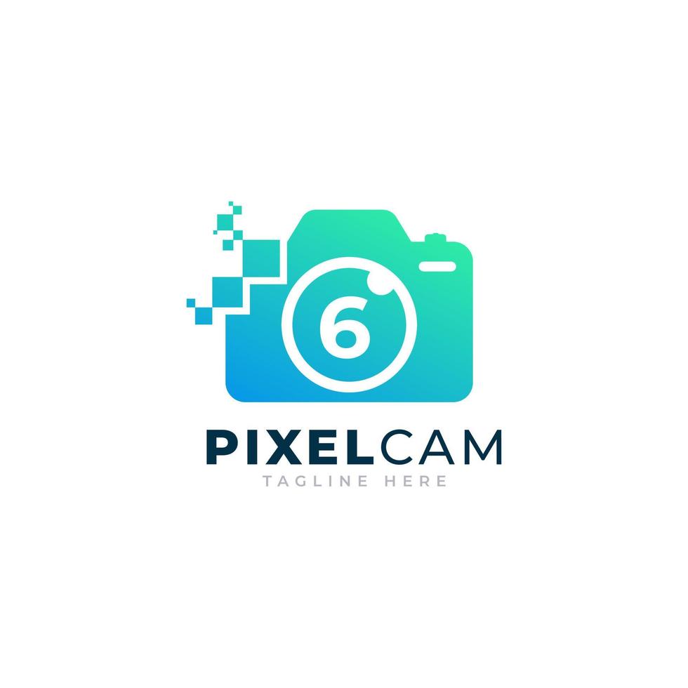 nummer 6 binnen camera foto pixel technologie logo ontwerpsjabloon vector