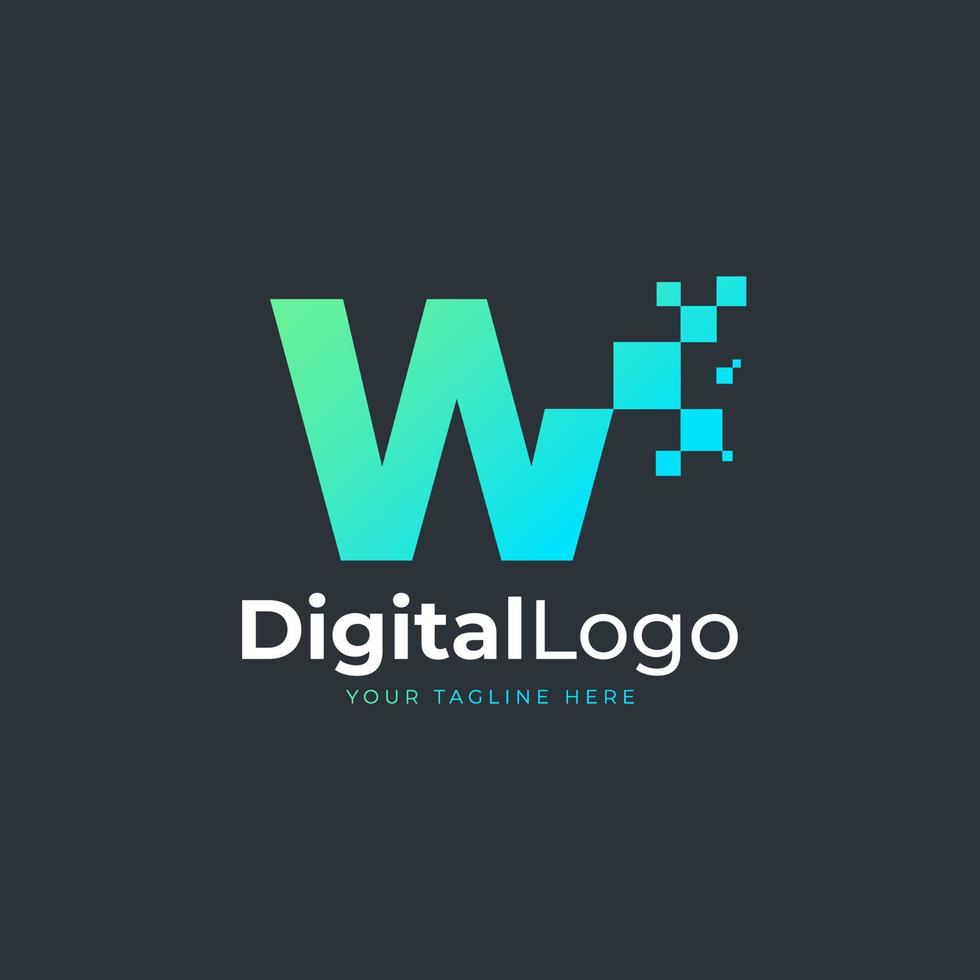 tech letter w-logo. blauwe en groene geometrische vorm met vierkante pixelstippen. bruikbaar voor bedrijfs- en technologielogo's. ontwerpideeën sjabloonelement. vector