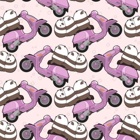 Naadloze kawaii 3 panda&#39;s rijden motorfiets patroon. vector