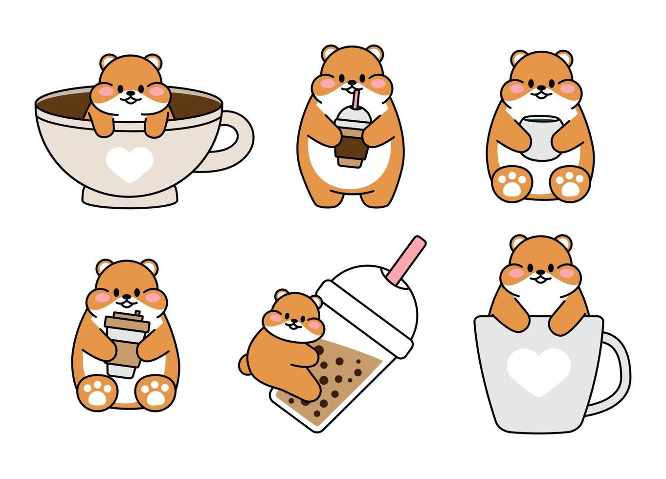 set van schattige getekende hamsters. kawaii hamster in een grote mok koffiethee. verzameling avatars mascottes grappig karakter dierlijke stickers geïsoleerd op een witte achtergrond. vector stock illustratie