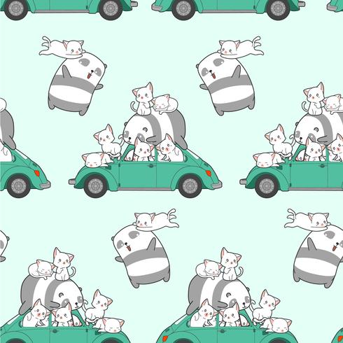 Naadloze getrokken kawaii katten en panda met auto patroon. vector