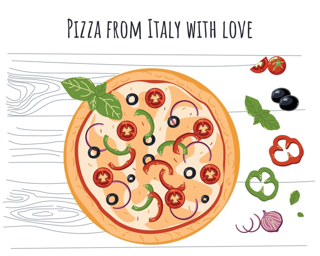 pizza met olijven en tomaten uit italië vector