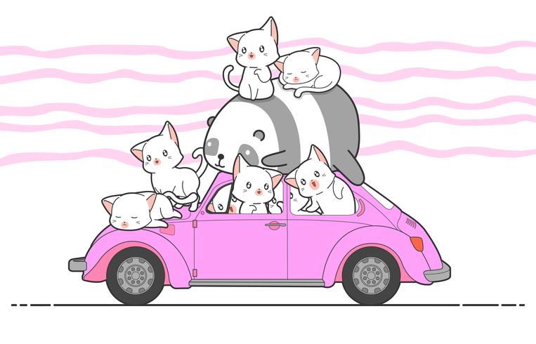 getrokken kawaii katten en panda met auto. vector