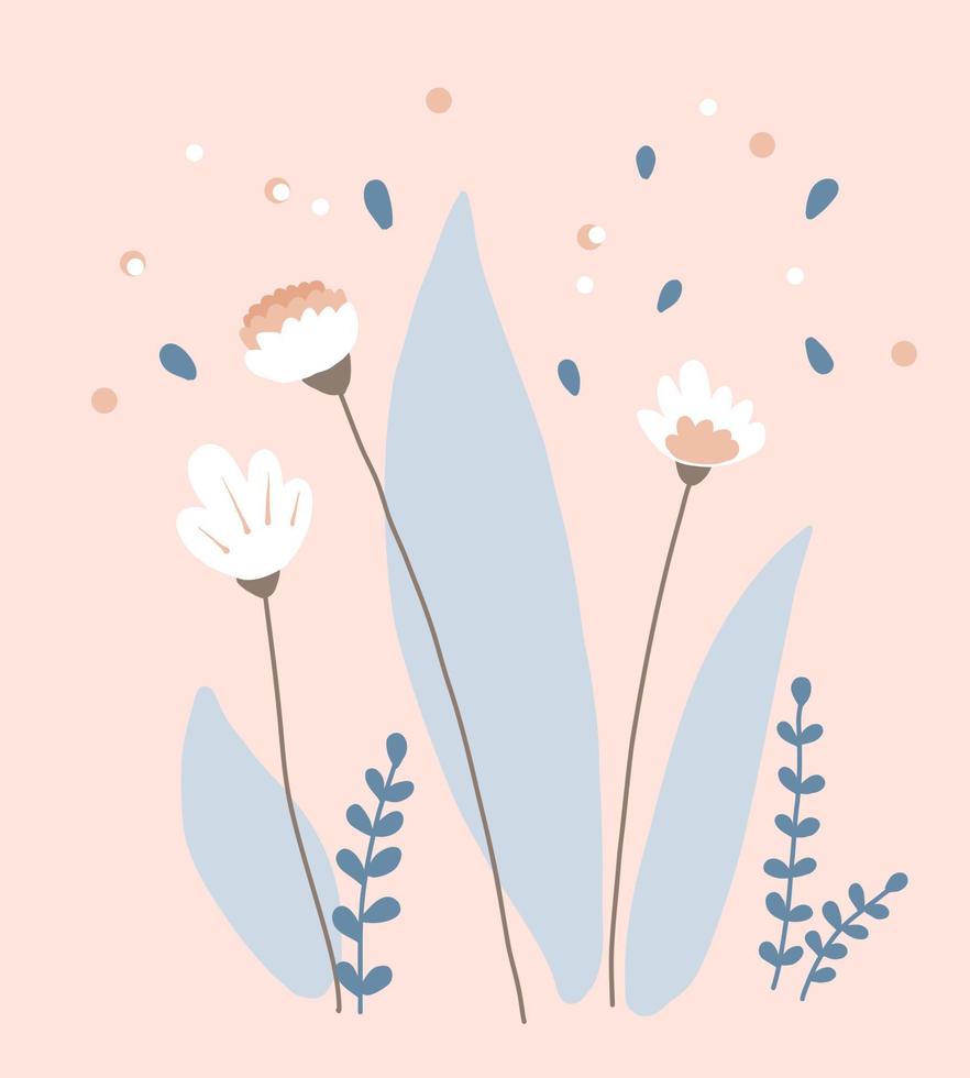 set van lentebloemen. vector witte bloemen op een roze achtergrond.