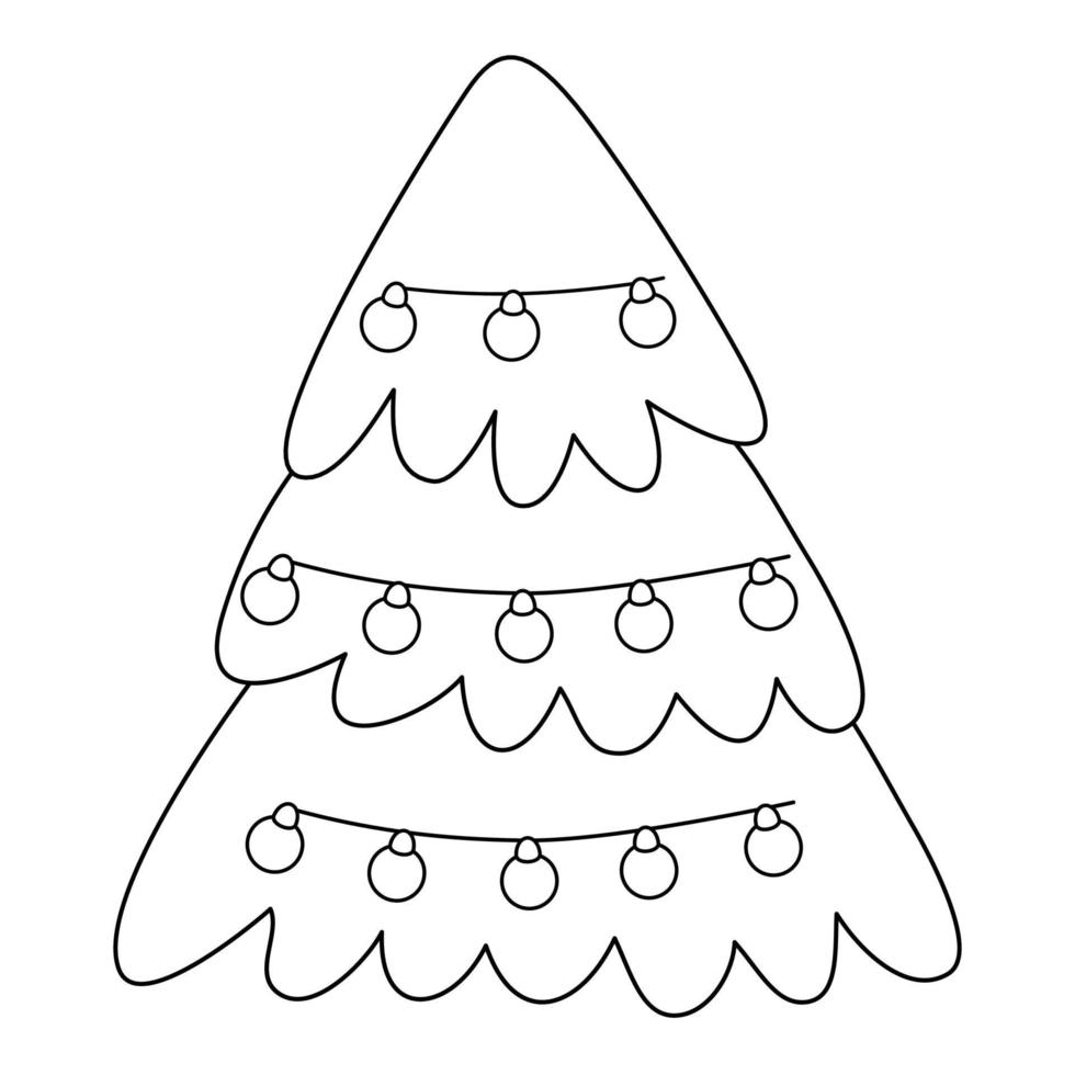 kerstboom met een slinger, kleurboek voor kinderen. feestelijke lineaire vectorillustratie. vector