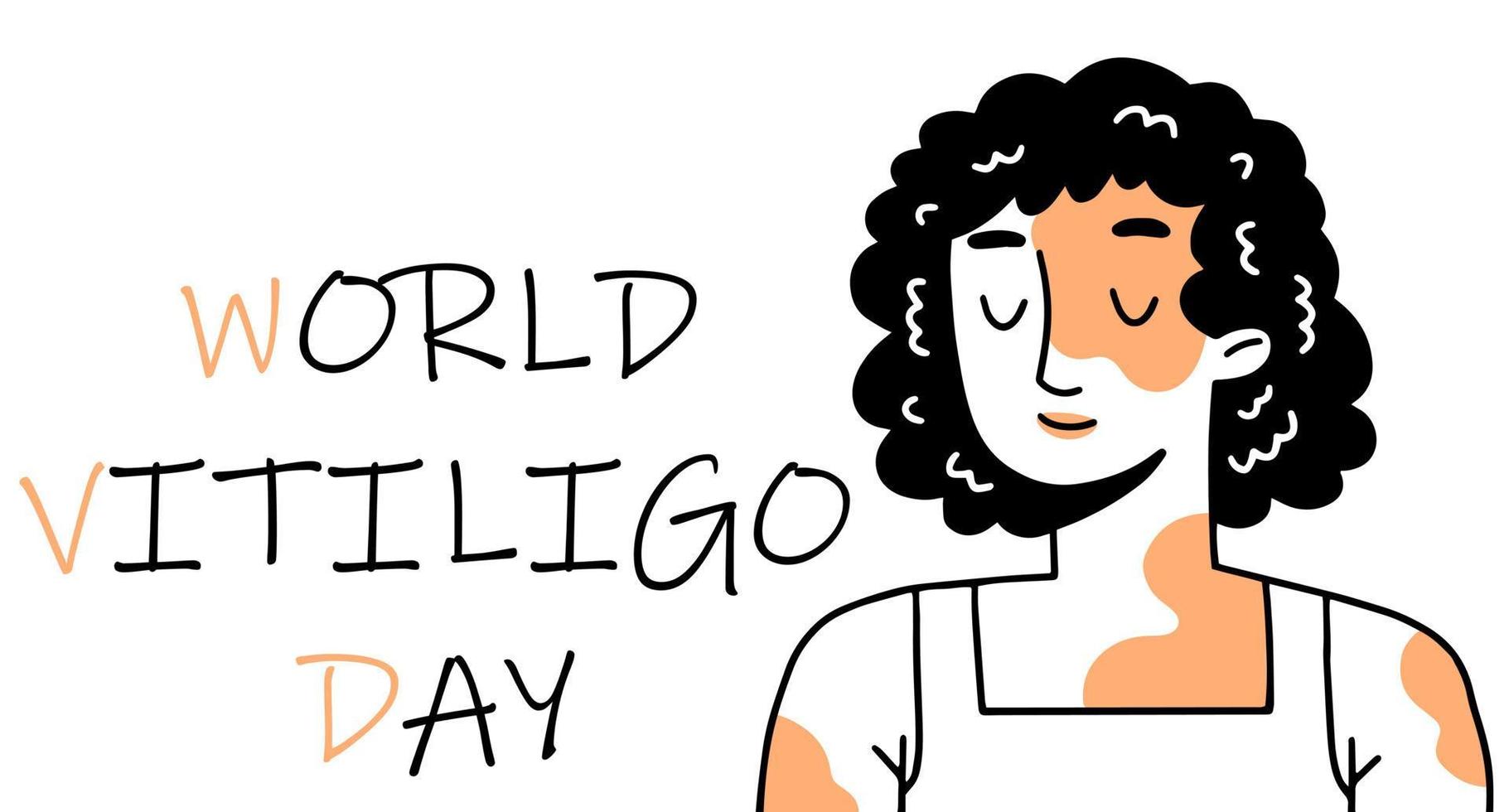 wereld vitiligo dag poster. een lachende vrouw met problematische vitiligo-huid in een doodle-stijl. vectorillustratie. vector