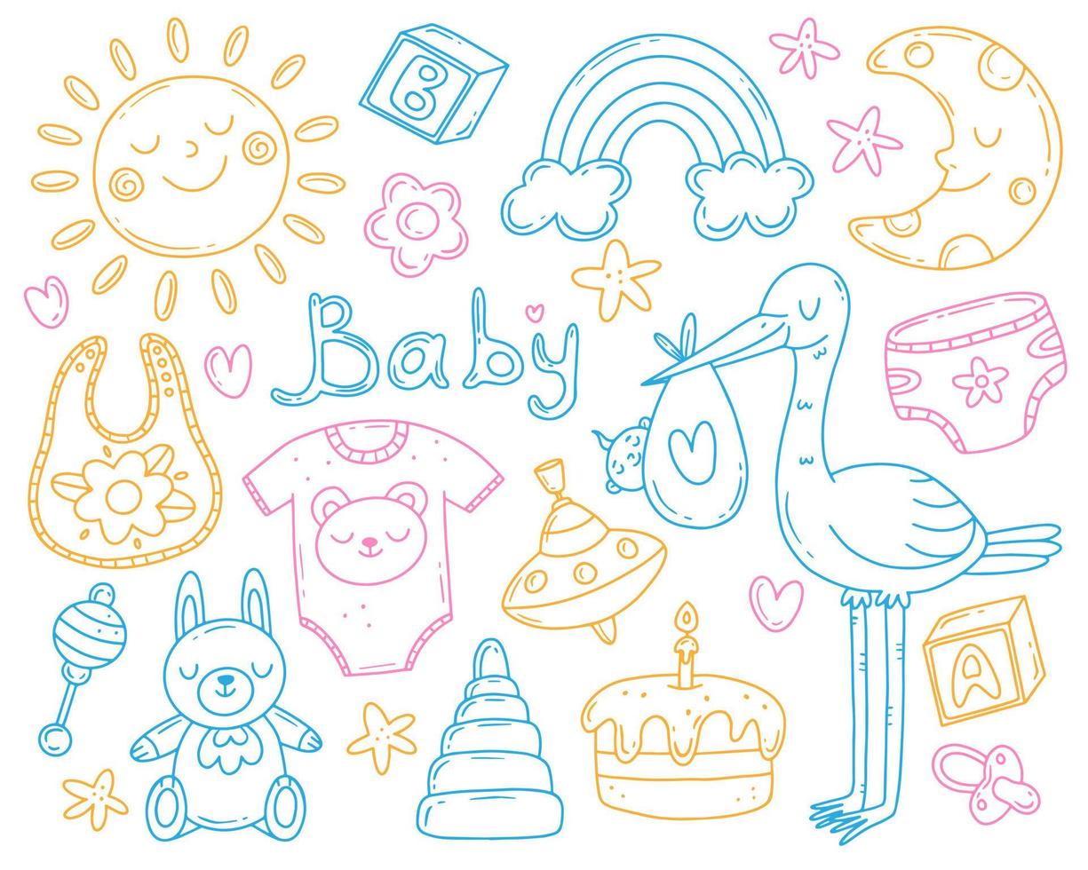 veelkleurige set met elementen rond het thema van de geboorte van een kind in een eenvoudige schattige doodle-stijl. vector baby illustratie geïsoleerd op de achtergrond.