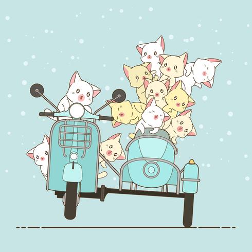 Getrokken kawaii ruiter kat en vrienden met motorfiets. vector