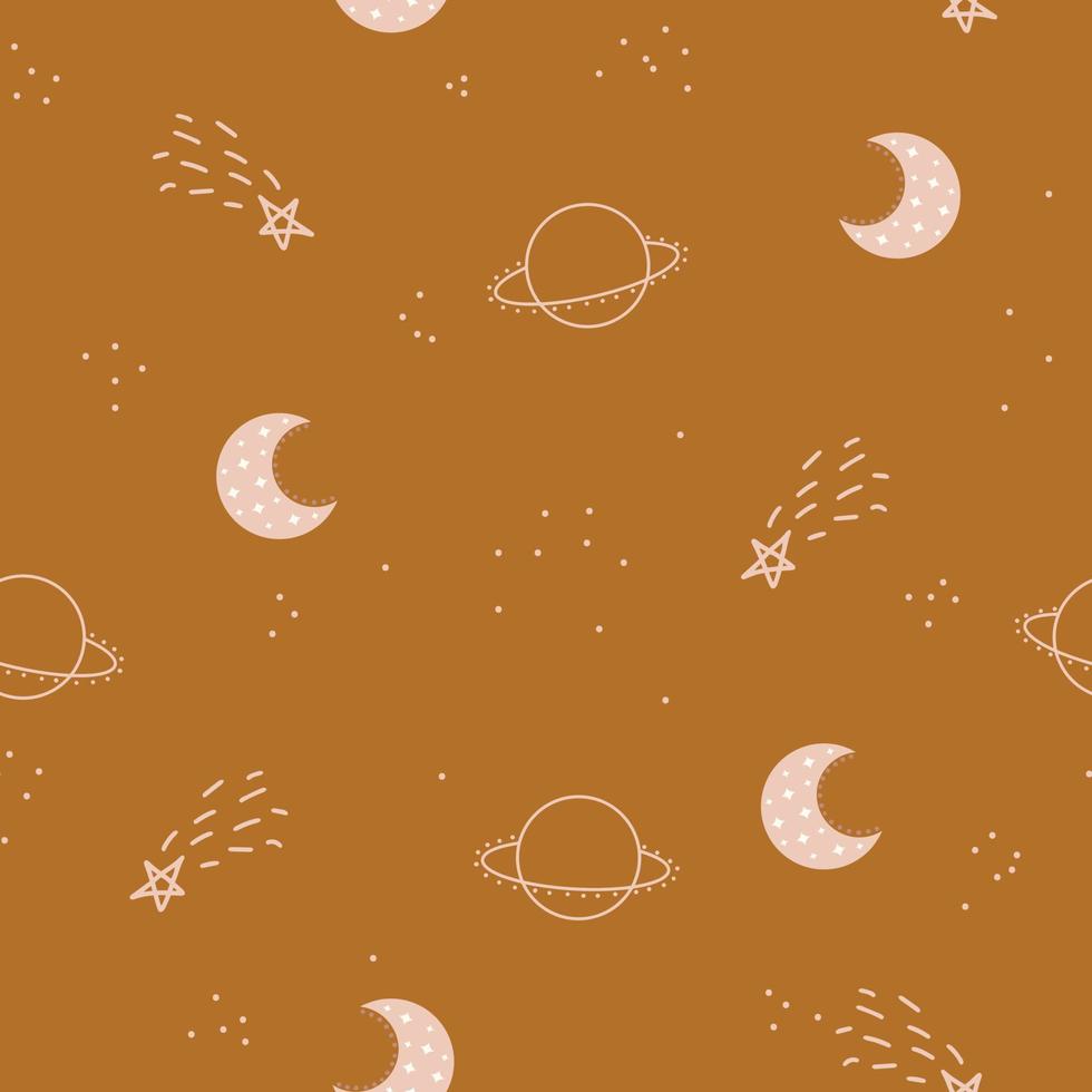schattig naadloos patroon van kinderachtige sterrenhemel. maan met sterren op de achtergrond. vector eenvoudige kinder hand getekende achtergrond in cartoon stijl.